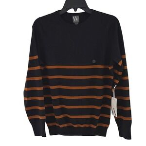 Worthington Women's M Medium Sweater Black Burnt Orange Stripe Crew Long‎ Sleeve